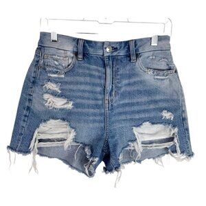 American‎ Eagle Women's 4 Curvy Mom Short Destroyed Blue Denim Fray Inseam 3"
